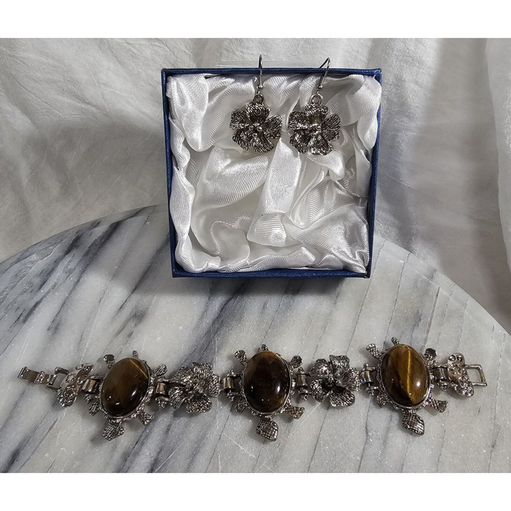 TIGER'S EYE Sea Turtle Floral Link Bracelet Matching Earrings Boxed Set Gift